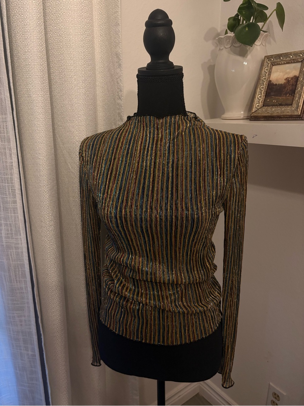Urban Outfitters Metallic Mesh Striped Long-Sleeve Top in Gold & Black